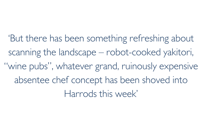 Stylised quote: 'But there has been something refreshing about scanning the landscape - robot-cooked yakitori, 